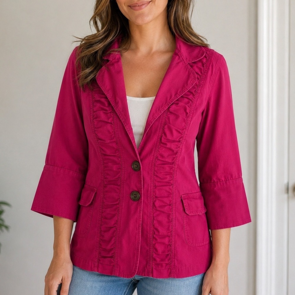 XCVI Magenta Ruffle Front Stretch Cotton Jacket Blazer M lightweight